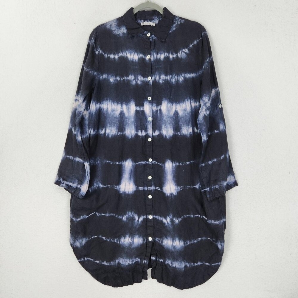 Baci Dress Womens Medium Blue Linen Tie Dye Long Sleeves Shirt Made in Italy